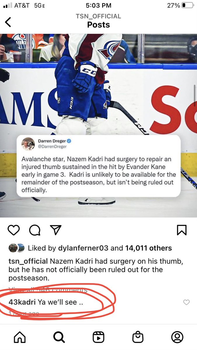 Kadri personally responds to reports that he's done for the playoffs