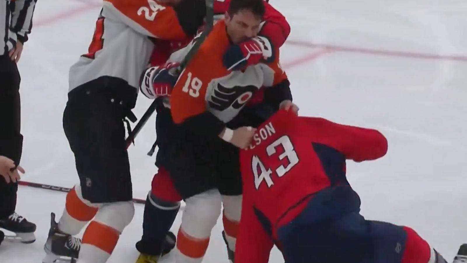 Former teammates Tom Wilson and Garnet Hathaway come to blows during game stoppage!