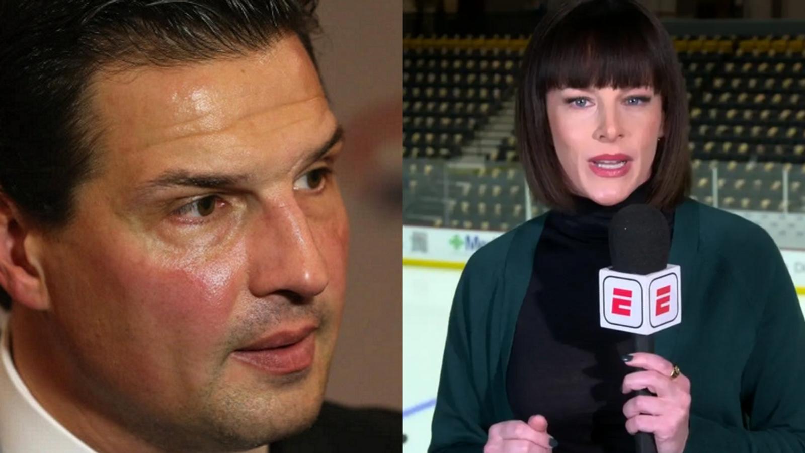 Eddie Olczyk appears to call out Leah Hextall for 'imitating' John Forslund's goal call.