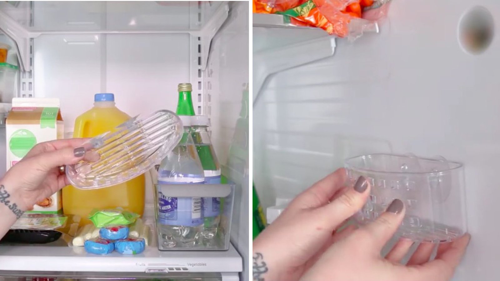 Elle prend un panier pour brosses à dents et le place dans son frigo. Toutes ses idées de rangement sont vraiment pratiques.