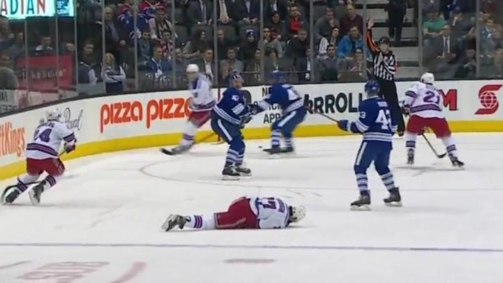 Brutal head shot takes out Mcdonagh in his second game back from concussion.