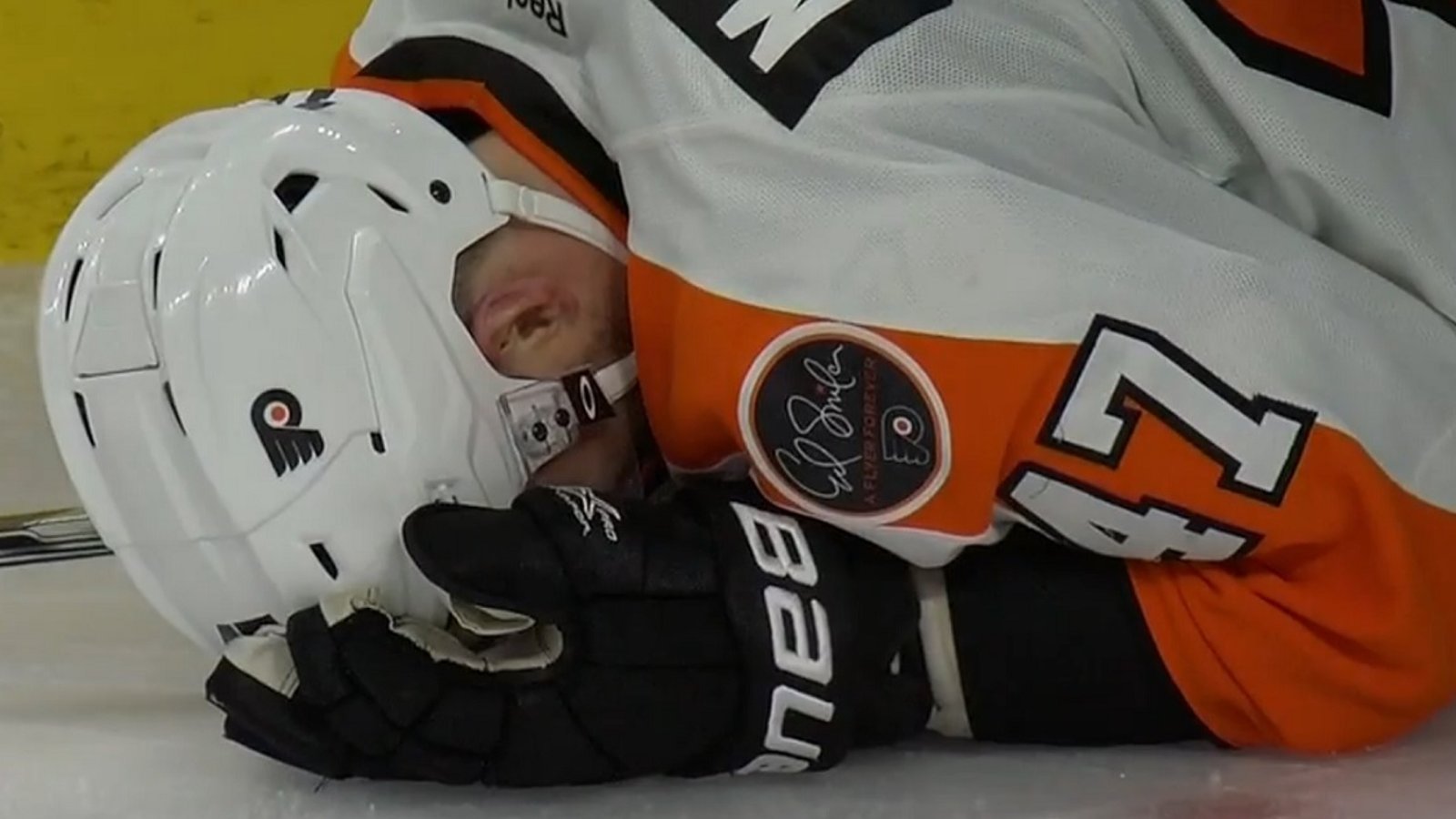 Defenseman sent to the quiet room after taking a nasty shot to the head.