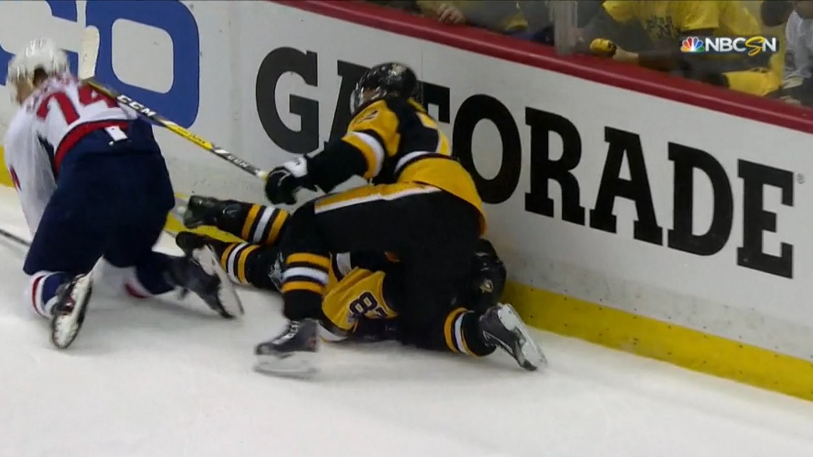 Breaking: Crosby goes head first into the boards after scary collision behind the net.