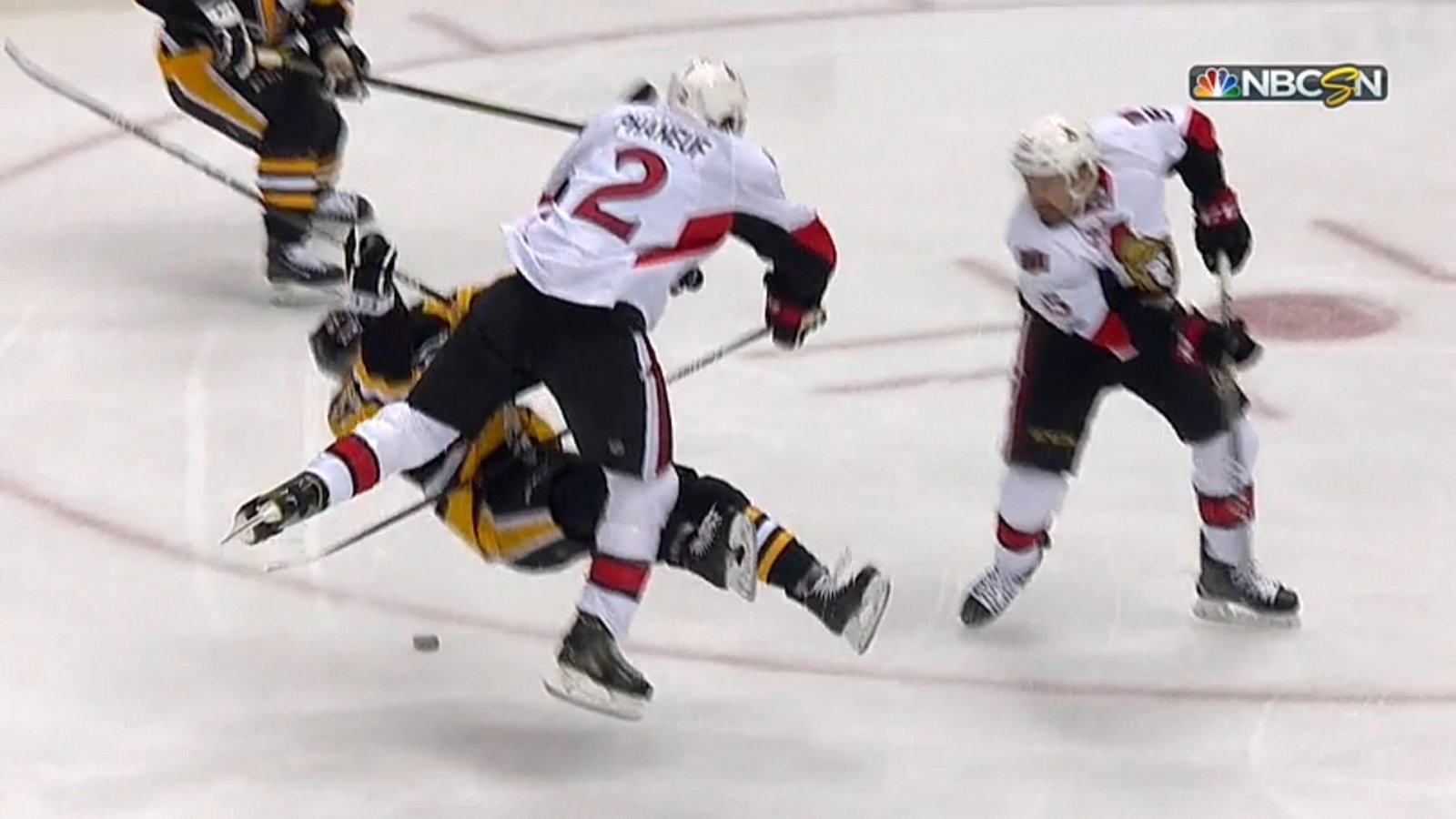 Penguins forward leaves the game after being crushed by Dion Phaneuf.