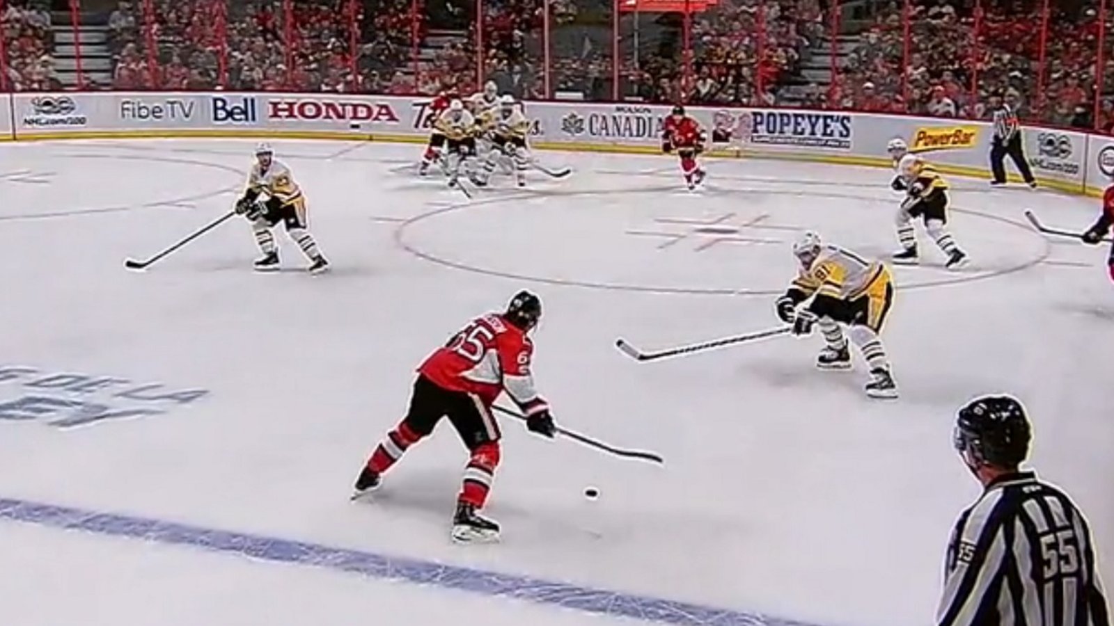 Karlsson's shot deflects three times before going in. 