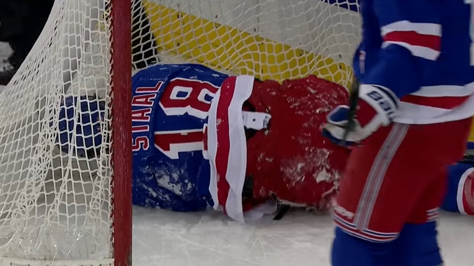 Staal crashes into his own net, scores an own goal at the same time.
