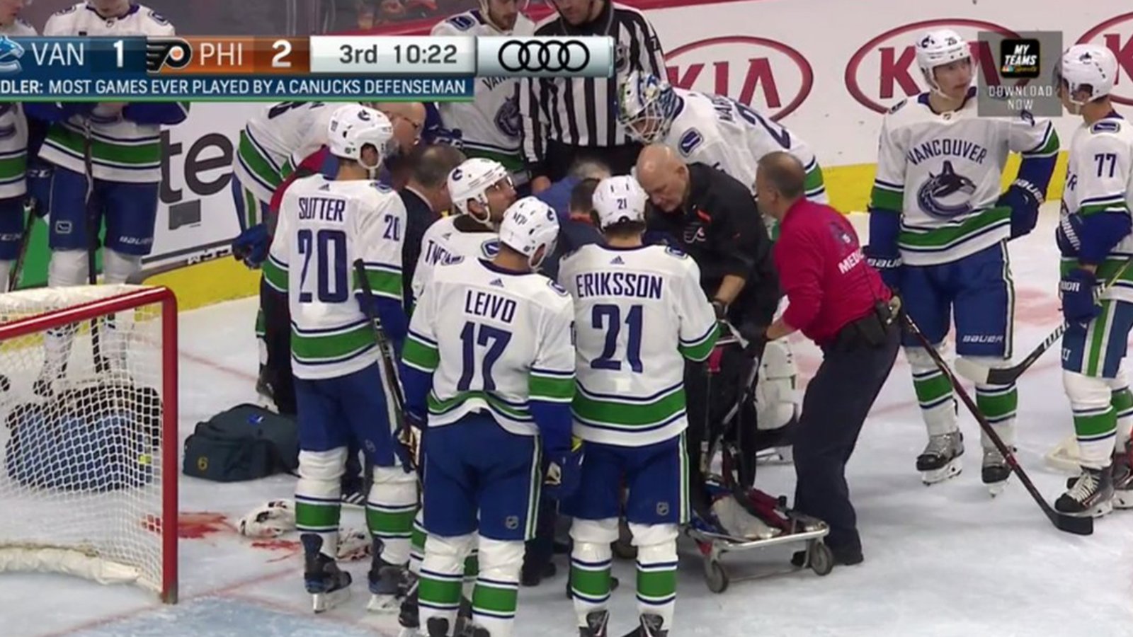 Edler smashes face on the ice, blacks out, is taken off the ice on a stretcher 