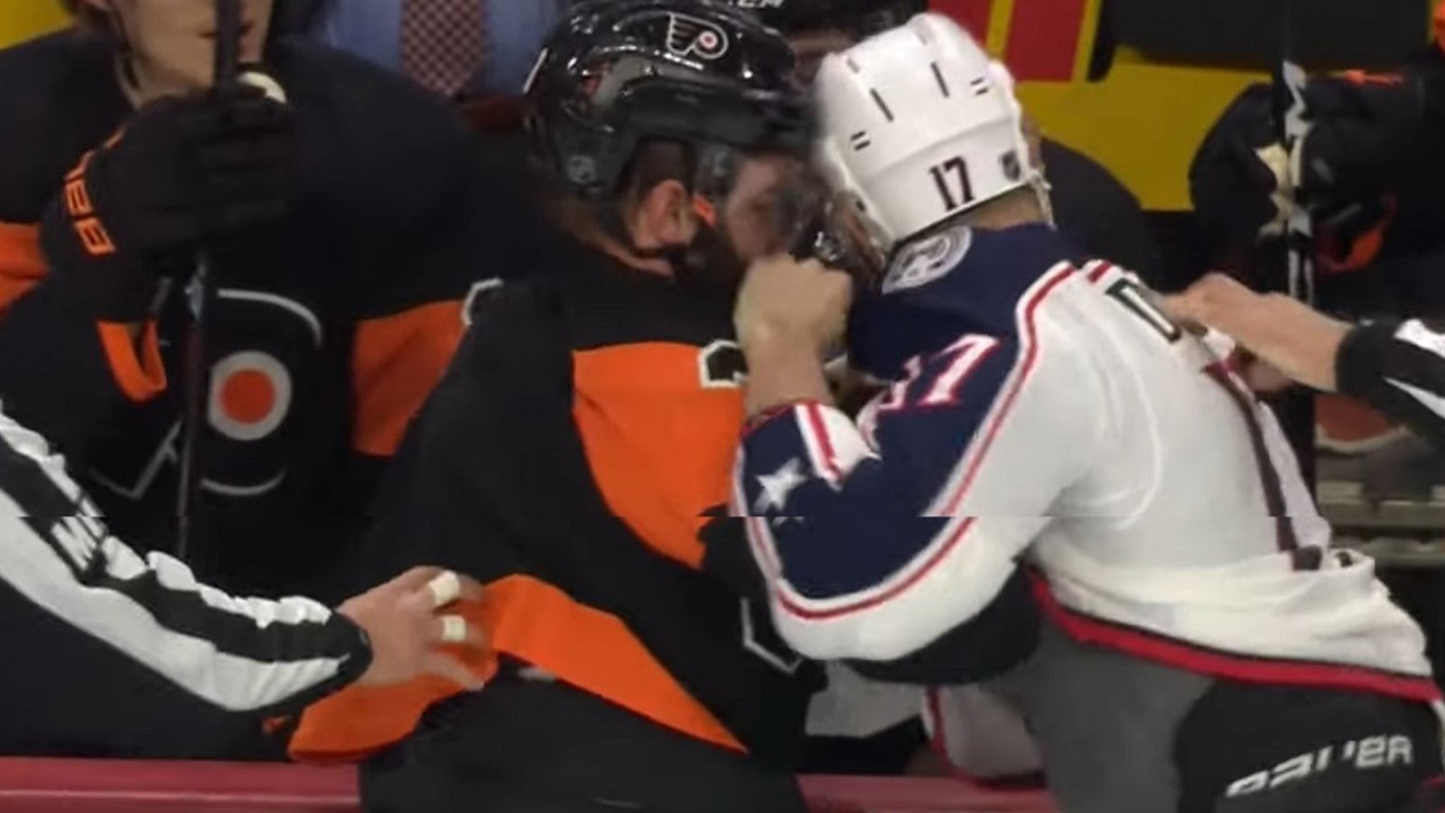 Dubinsky and Gudas square up on Saturday afternoon.