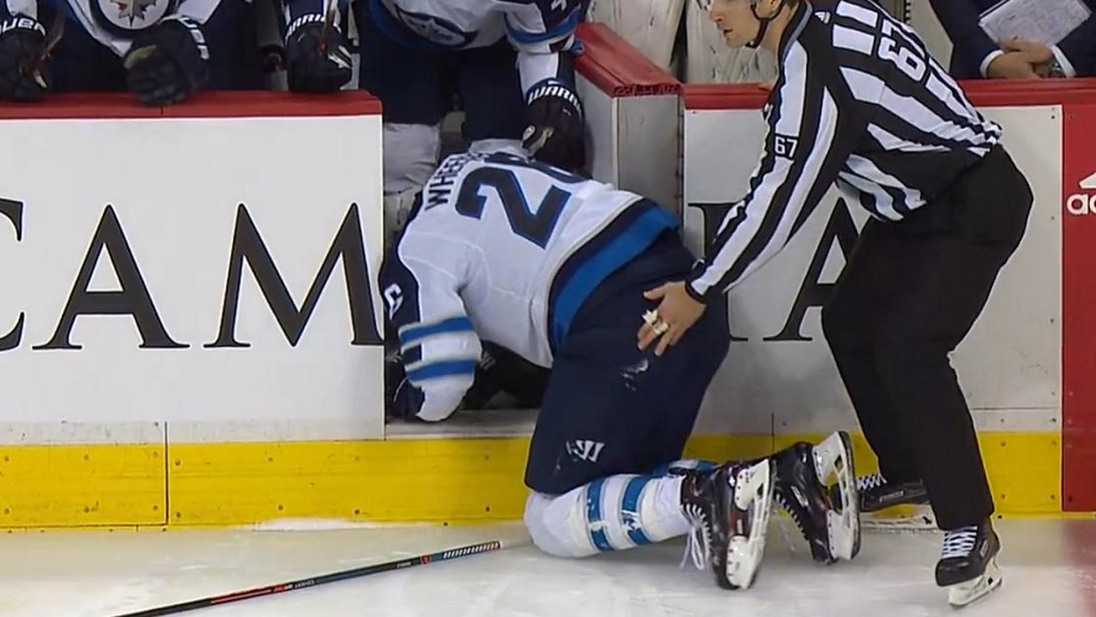 Wheeler in bad shape after taking 100+ MPH slapshot to the jewels.
