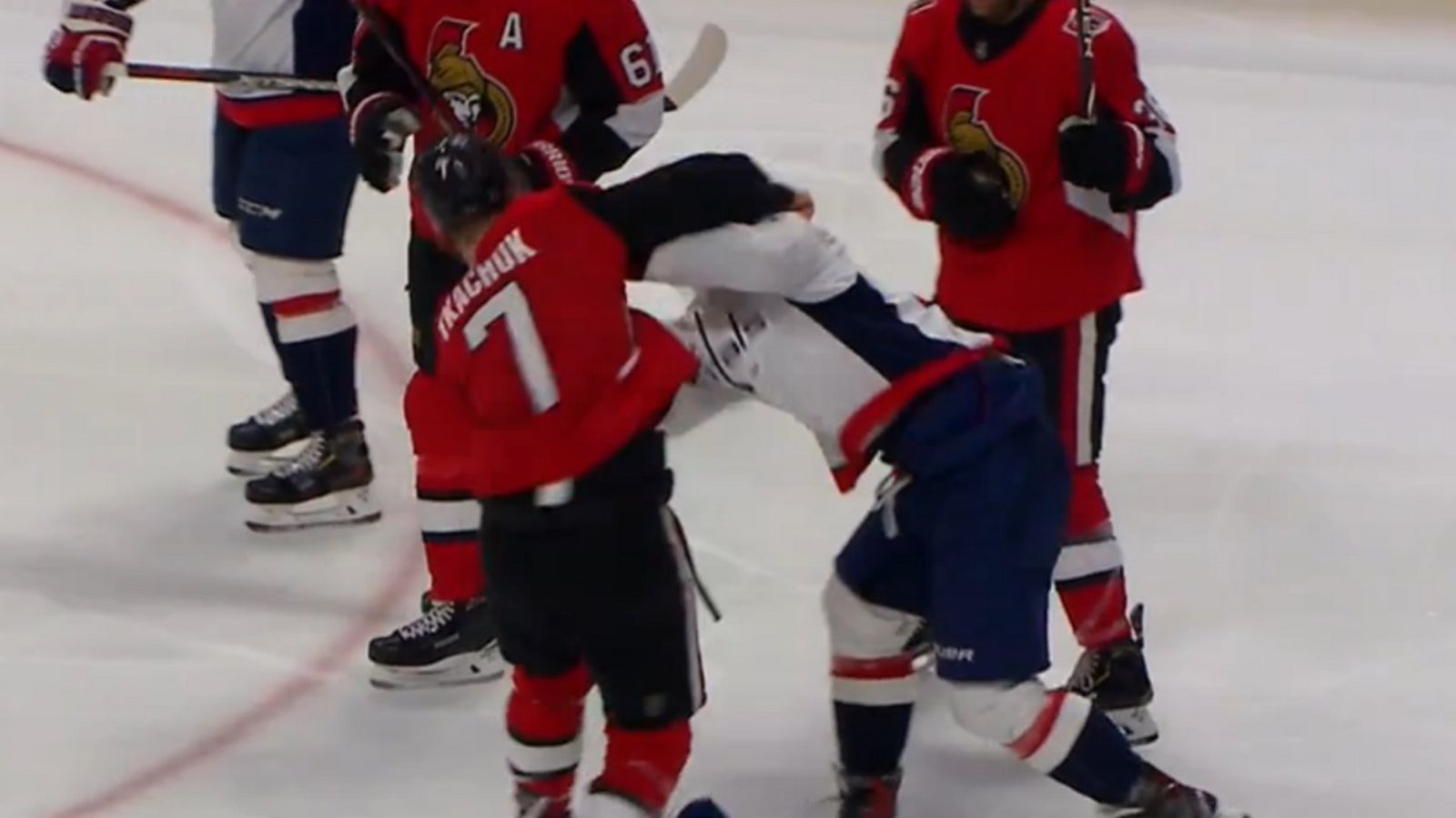 Brady Tkachuk takes exception to a hit and immediately drops the gloves!