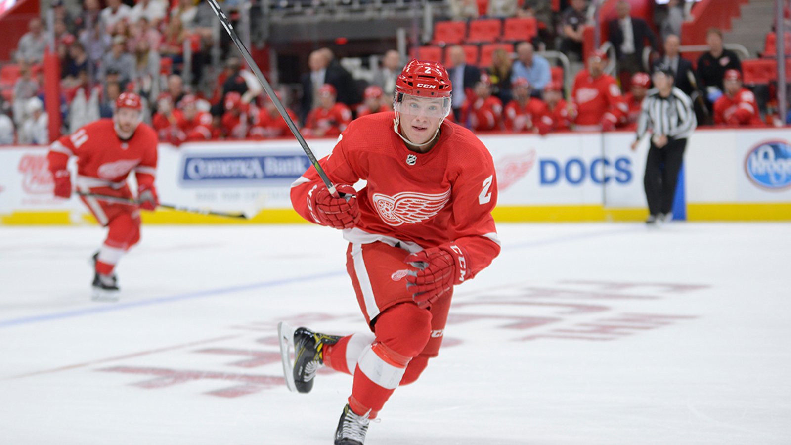 Red Wings rookie Hicketts spins off Wilson, sends him flying into end boards