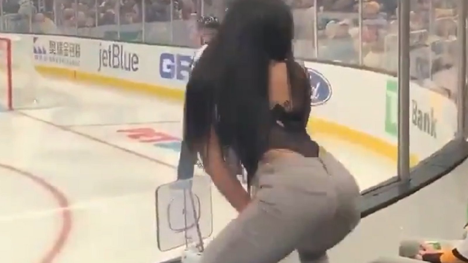 Woman twerks on the glass at TD Garden in the middle of an NHL game.