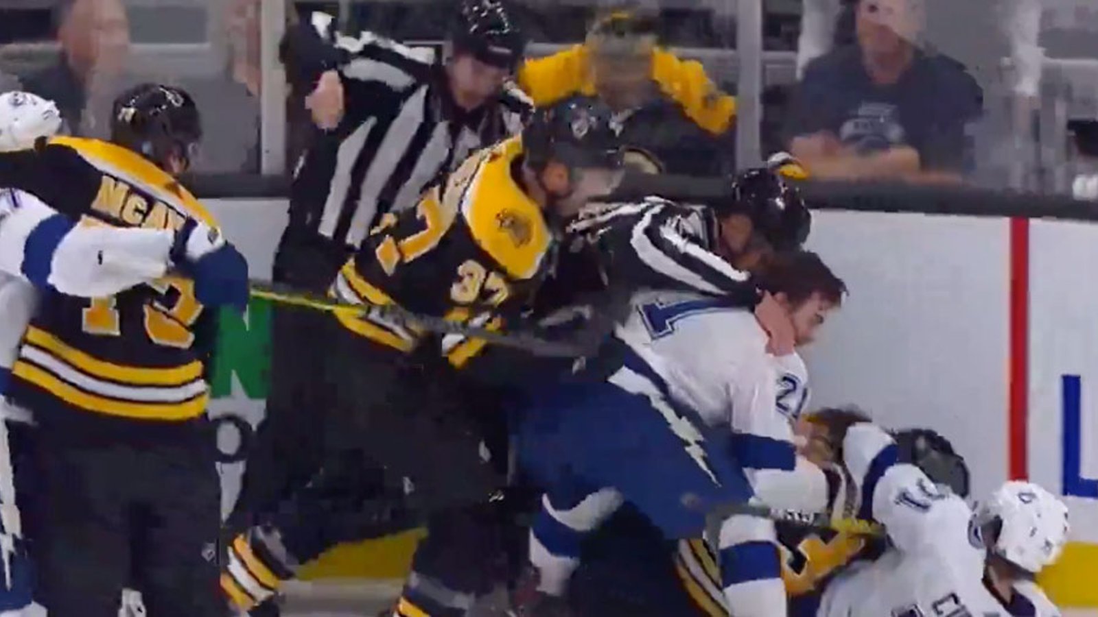 Marchand headlocks Point in dying seconds of OT and huge scrum ensues! 