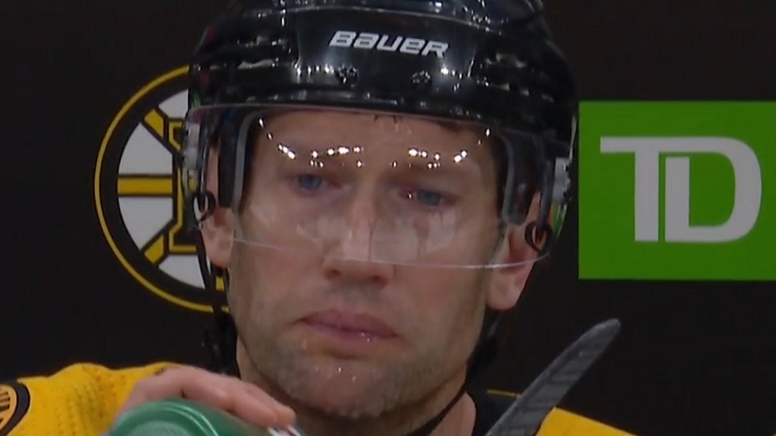 David Backes leaves the Bruins bench in tears after terrible injury to Scott Sabourin.
