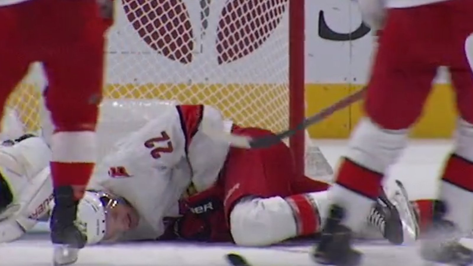 Brett Pesce goes down after taking a slapshot right in the jewels!