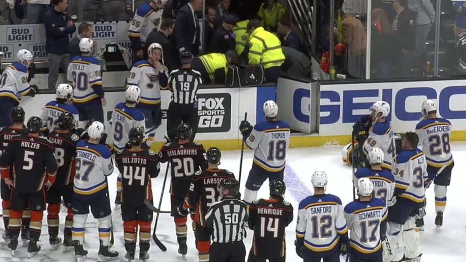 Blues and Ducks postpone game as Bouwmeester is rushed to hospital