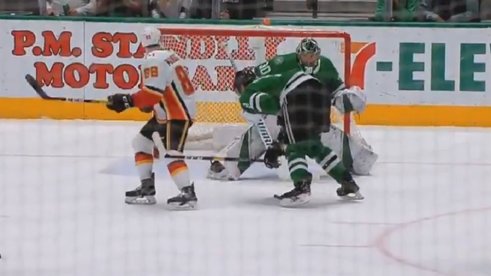 Jamie Oleksiak takes a puck to the groin and goes tumbling to the ice.