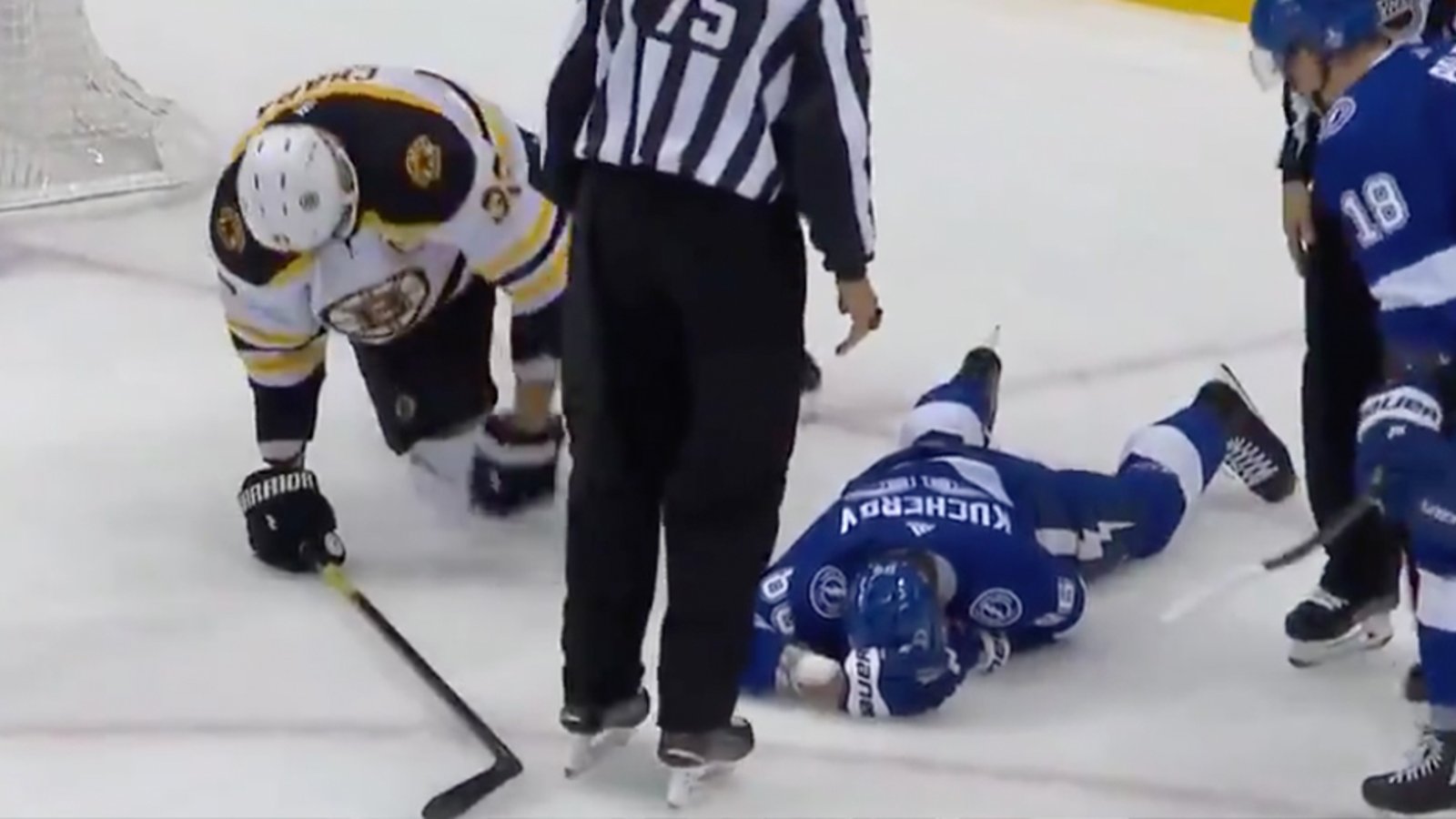 Kucherov leaves the game after taking a brutal high stick to the face from Chara