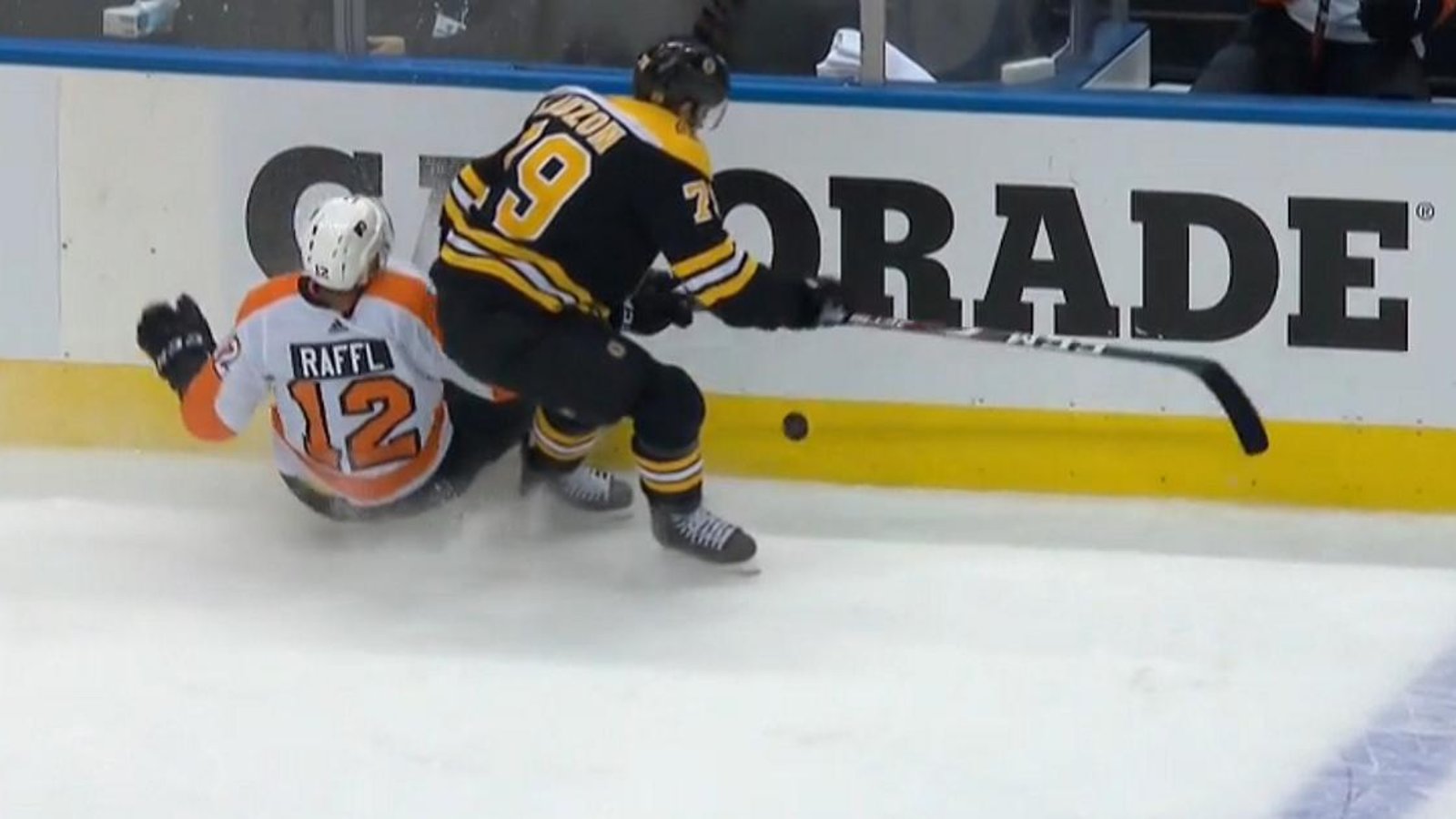 Michael Raffl leaves the game after awkward hit along the boards.