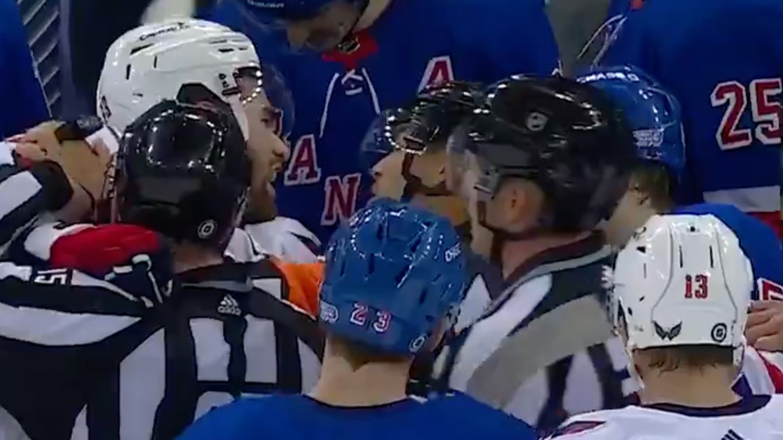 Tom Wilson loses it and needs to be restrained by 3 officials as he attacks Rangers