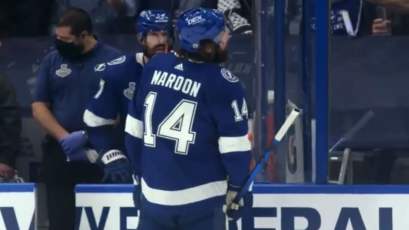 Cameras catch Pat Maroon roasting Josh Anderson on the bench.